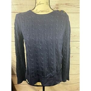 Lauren Ralph Lauren large blue pullover sweater with gold buttons on shoulders -